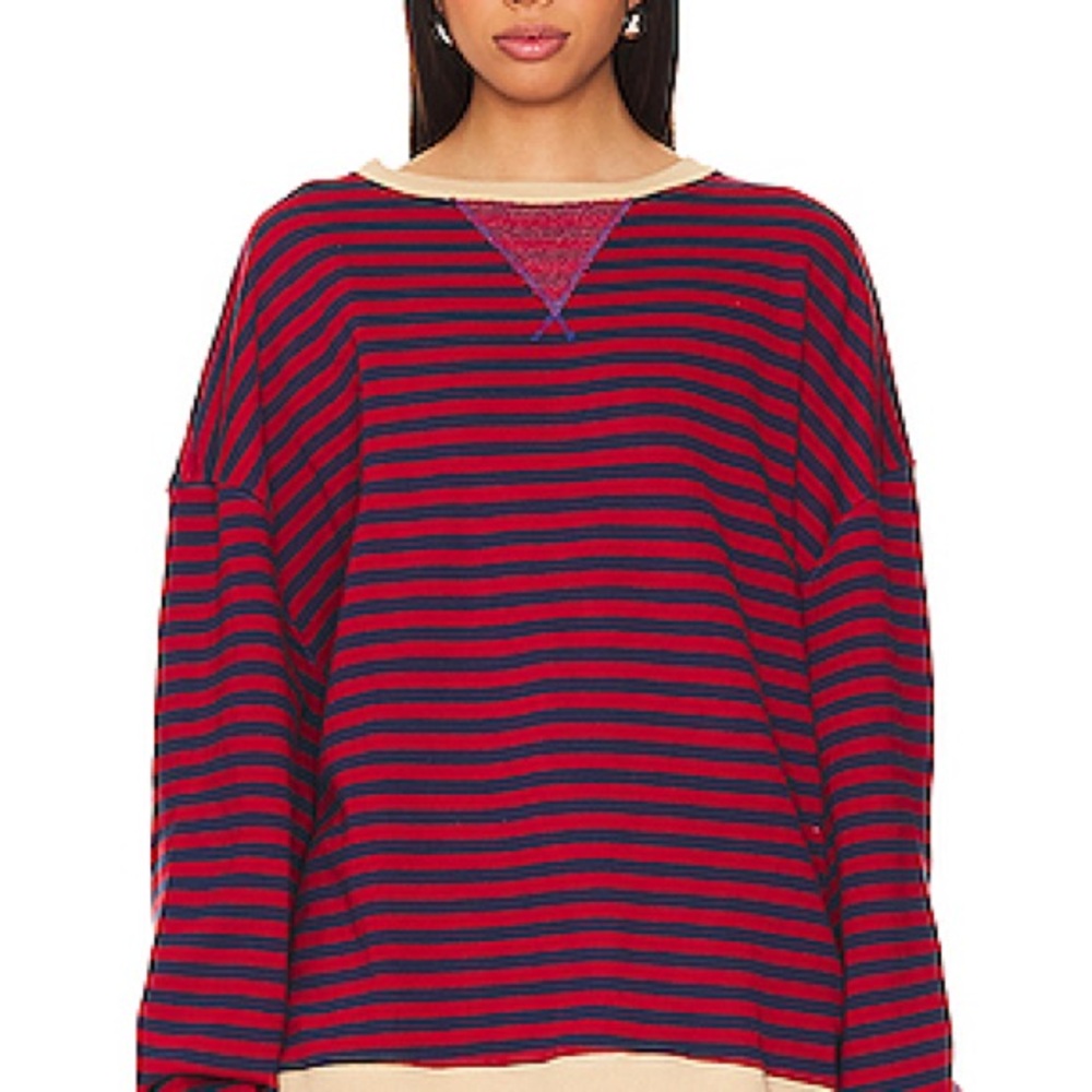 We The Free Red and Blue Crew Neck Sweater with Balloon Sleeves